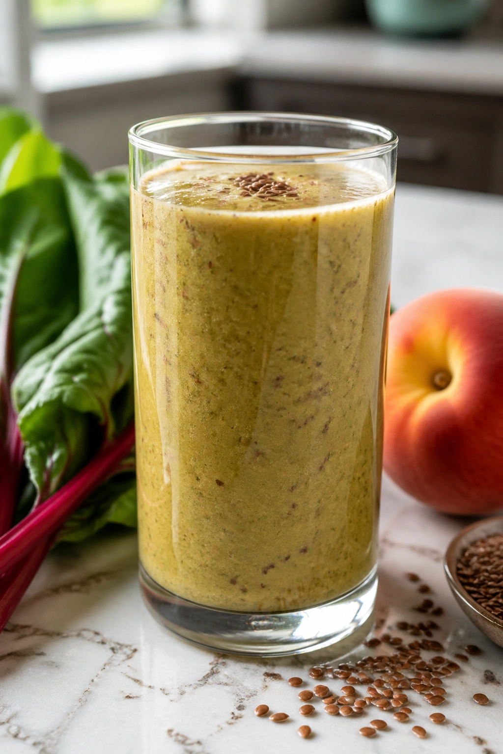 Swiss chard smoothie with peach and flax in glass.