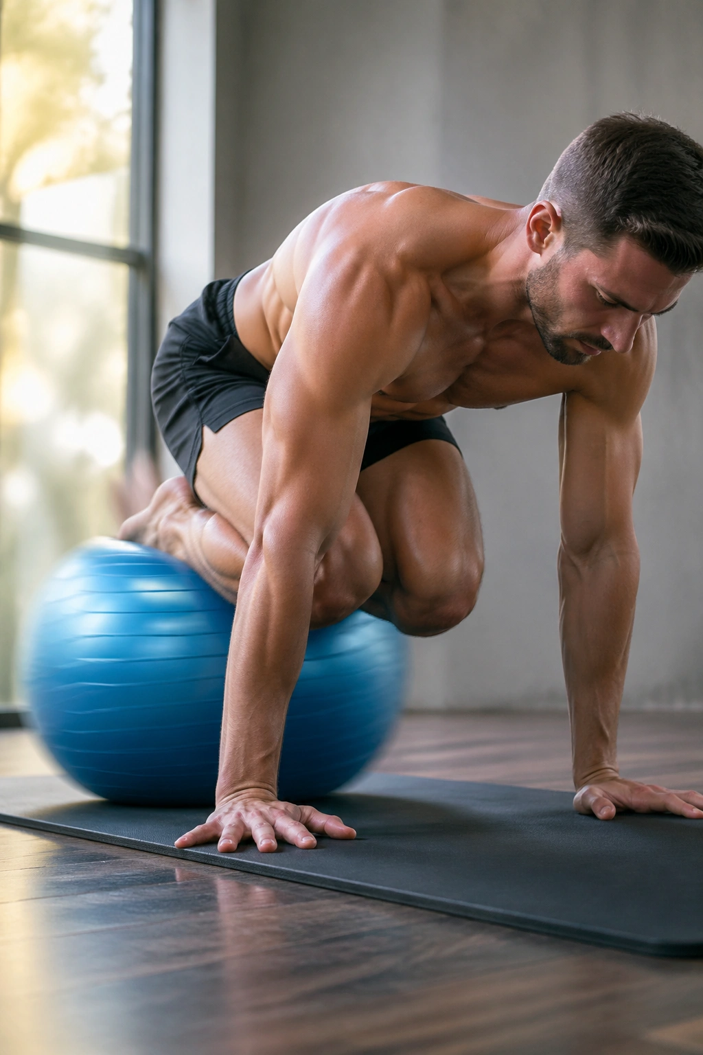 Close-up of a person performing Swiss Ball Knee Tucks with a Swiss ball on a gym mat