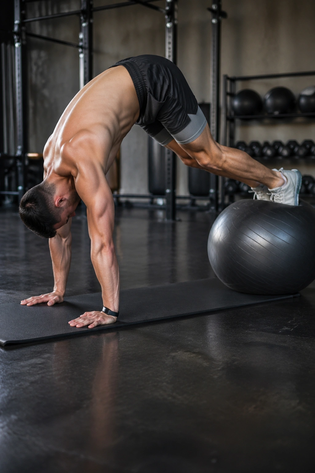 Person performing Swiss Ball Pikes with hips raised on a Swiss ball