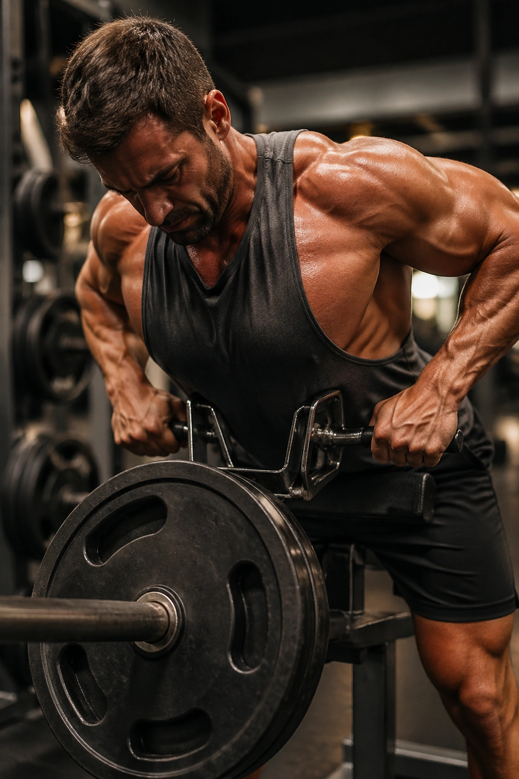 Close-up of an athlete performing a T-Bar Row highlighting upper back engagement in a gym