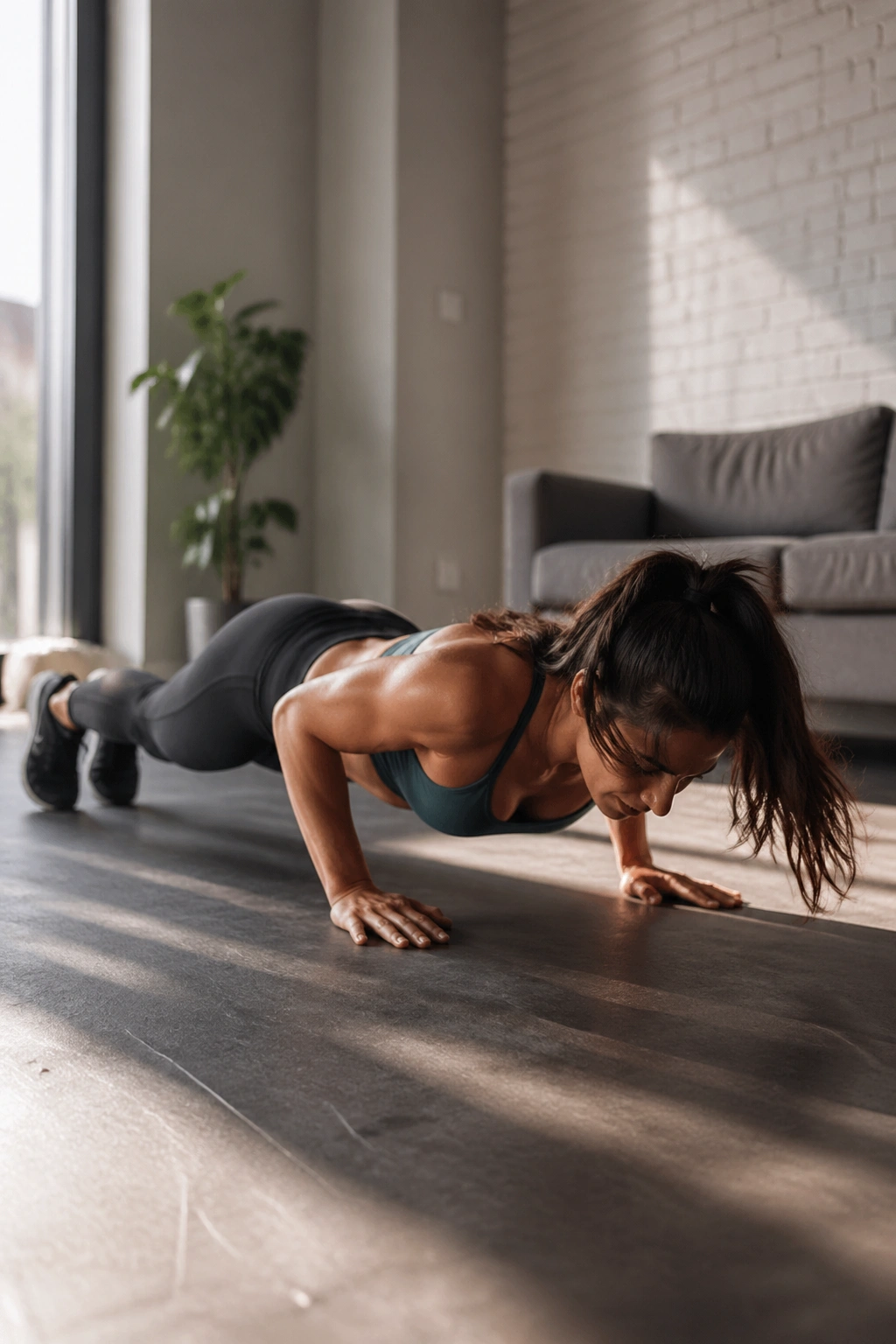 Person performing high-intensity burpee during Tabata circuit.