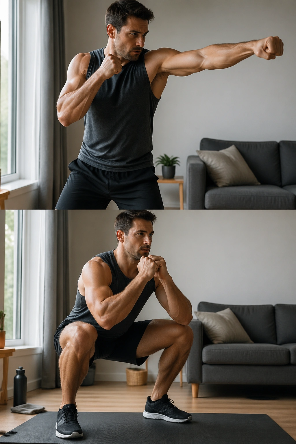 Person shadow-boxing and squatting in a compact home space