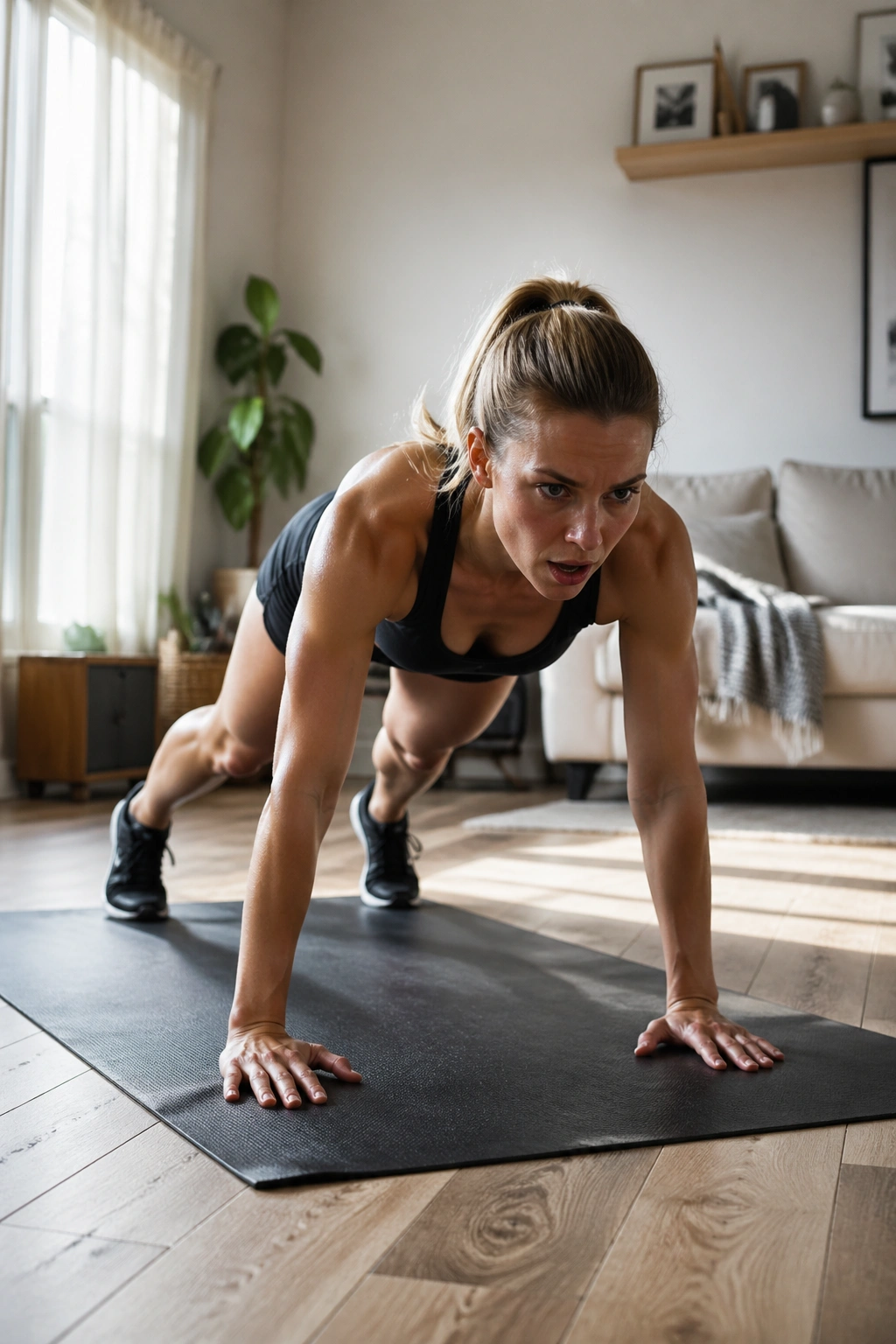 Dynamic shot of a person performing squat thrusts on a mat in a compact room