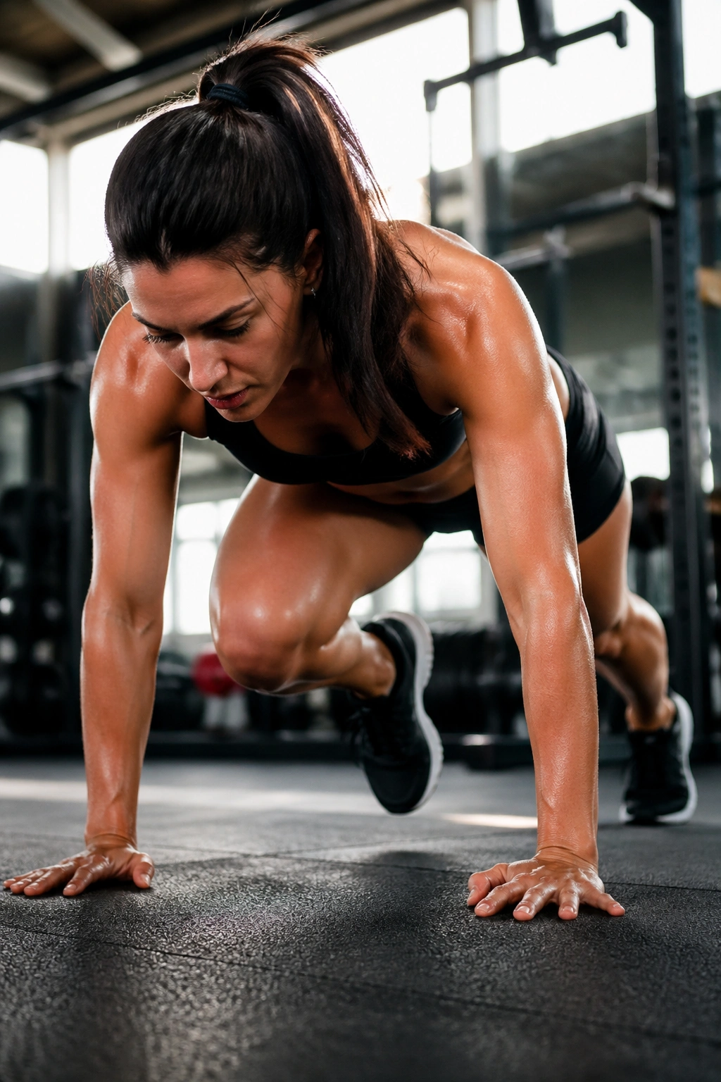 Close-up of a person performing Tabata mountain climber sprints in a gym