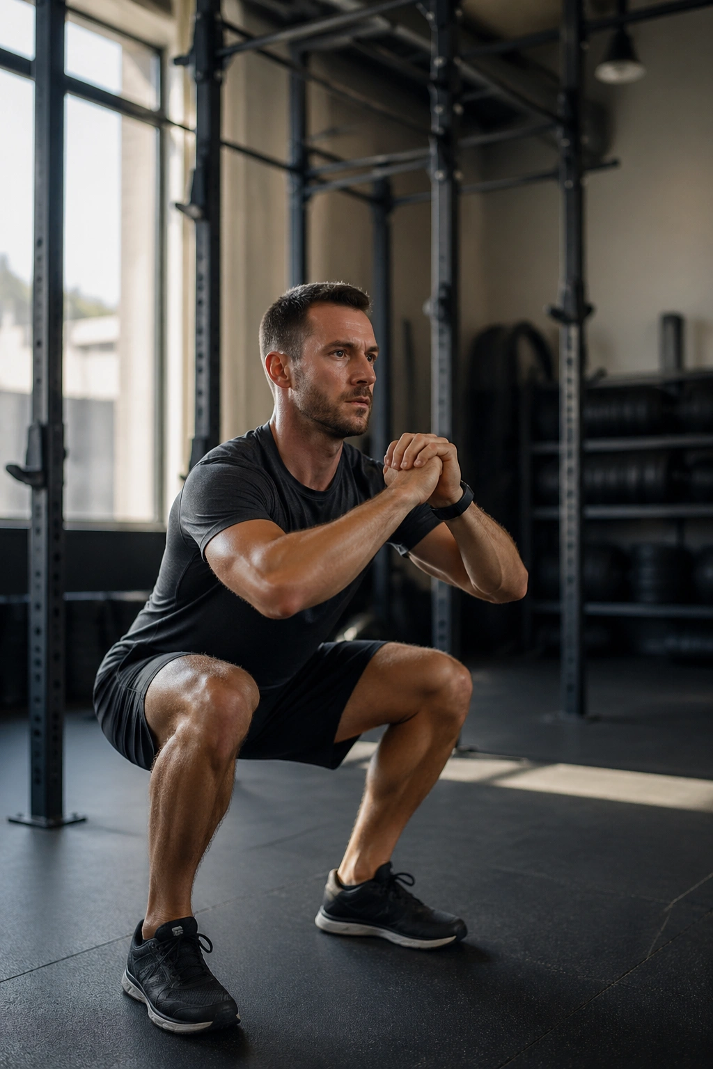 Person performing air squats during a Tabata circuit in a gym