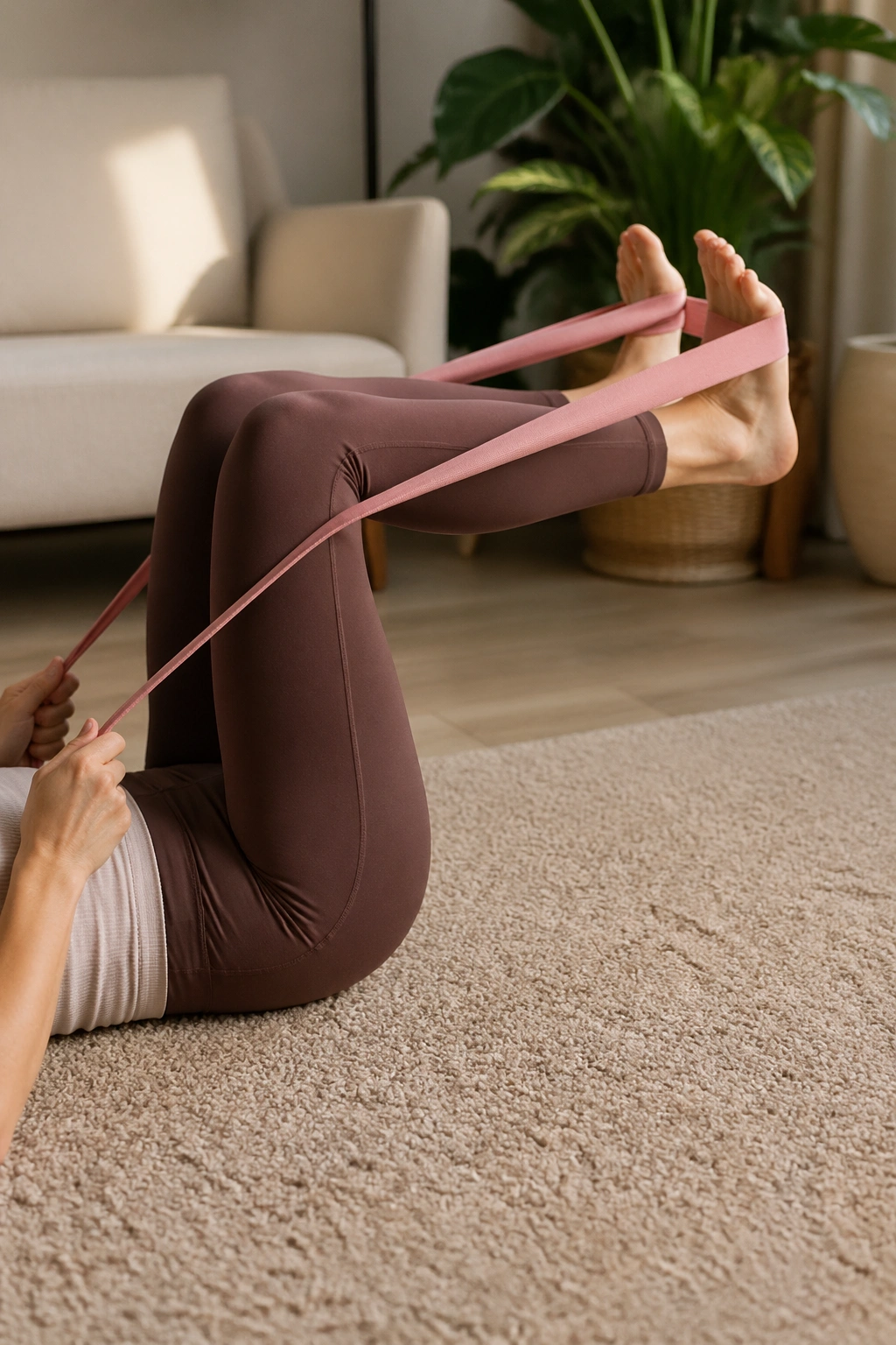 Close-up of legs performing Tabletop Hamstring Curls with a band around the feet.