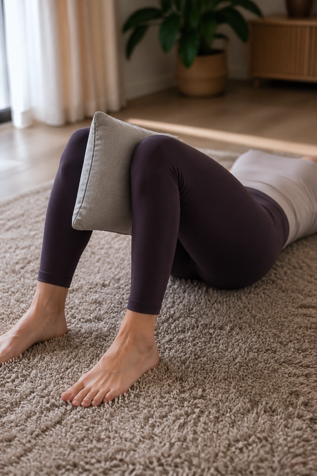 Tabletop heel slides with knee squeeze in a home setting