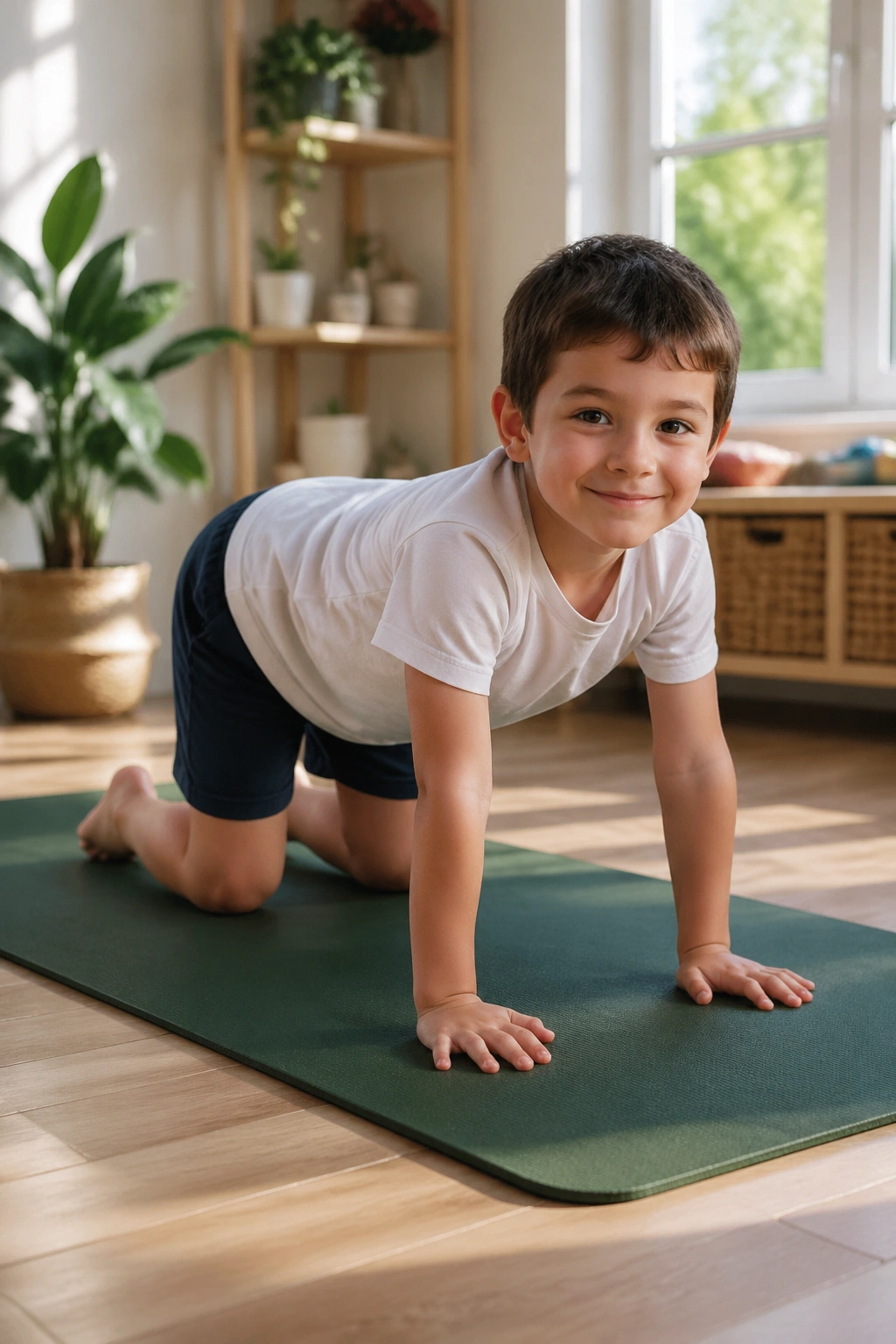 Child in Tabletop Pose on a yoga mat