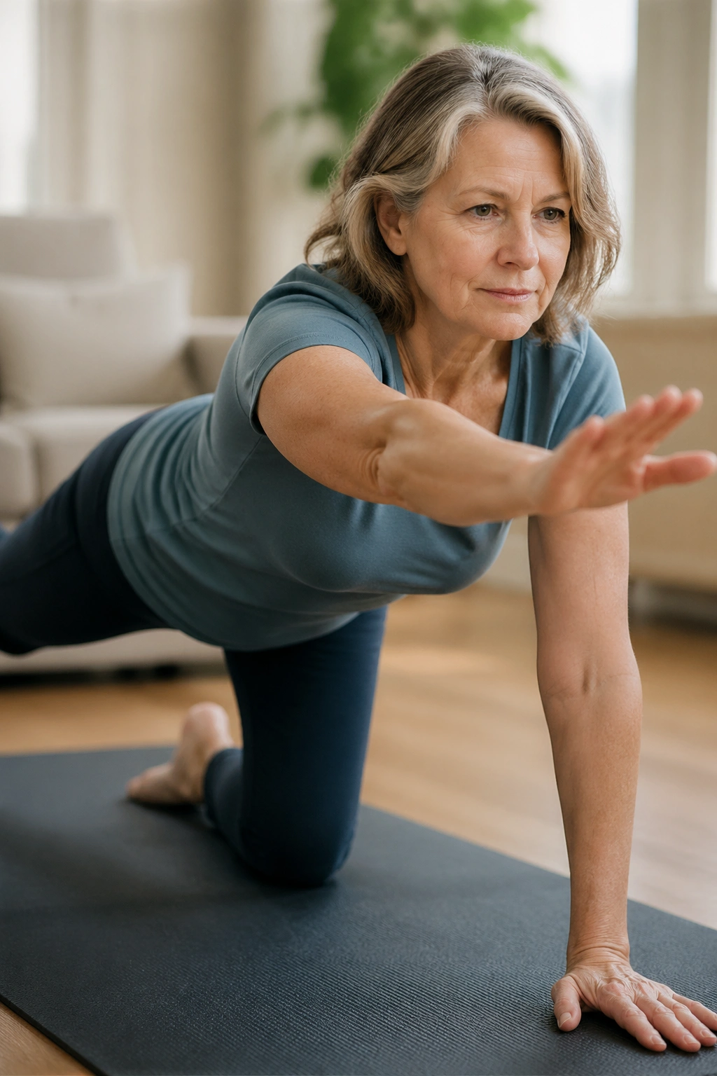 Person on hands and knees performing Tabletop Reach with a small forward reach.