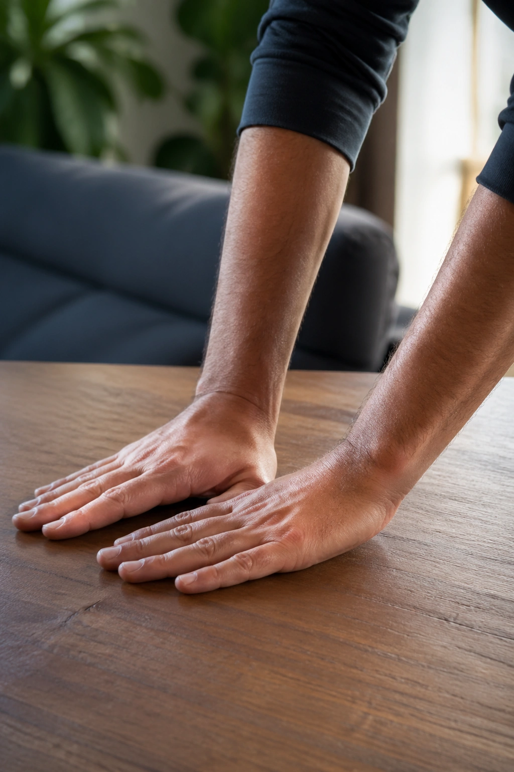 Hands on a table performing wrist rocks with movement