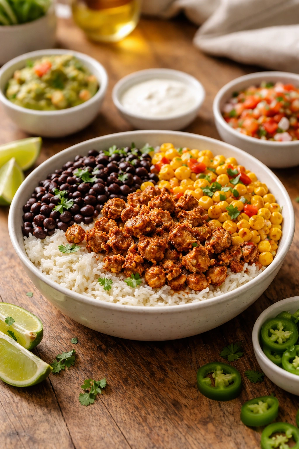 Bowl of taco bowls with rice, seasoned protein, beans, and corn