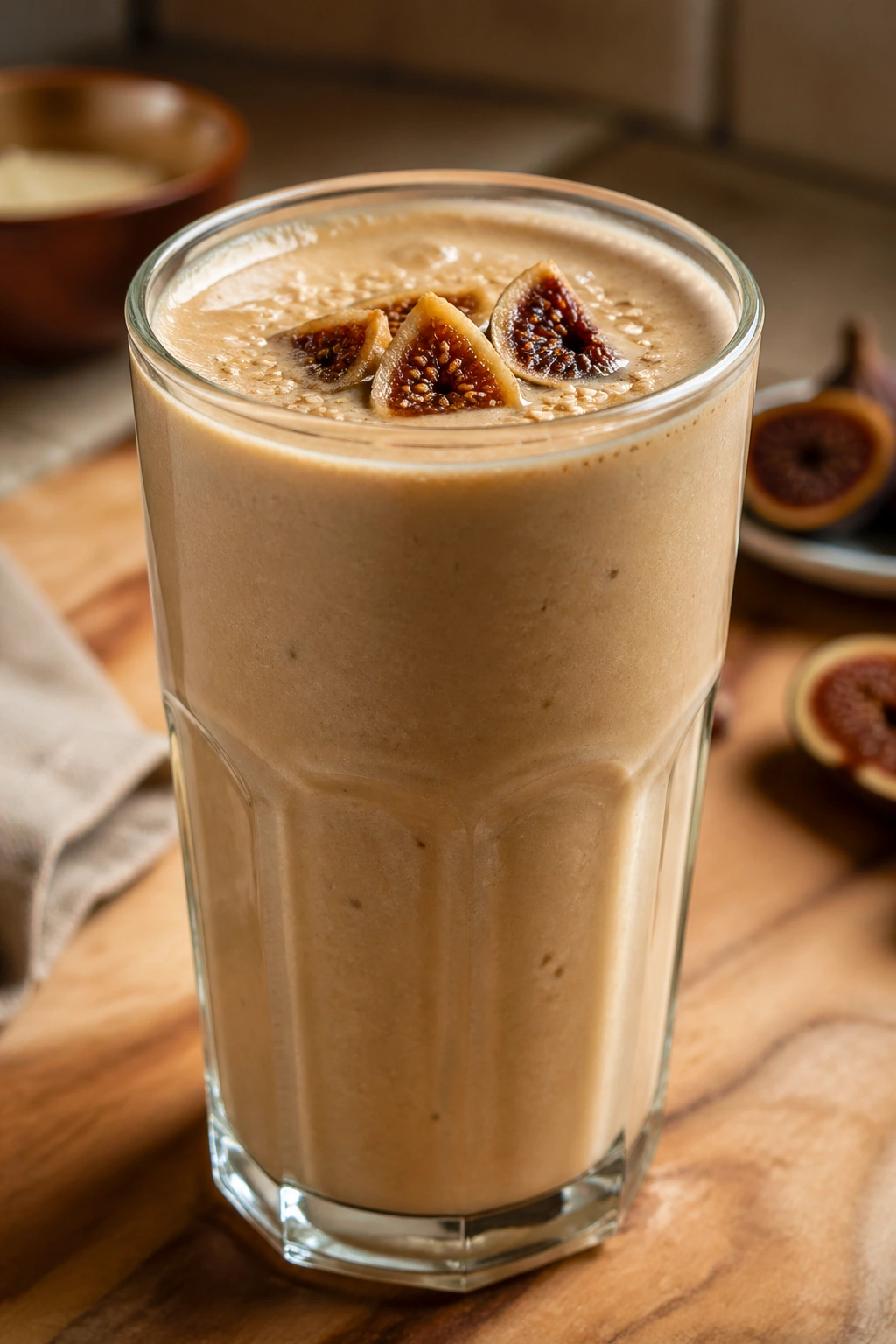 Pale tan Tahini Fig Protein Shake in a glass on a warm kitchen surface