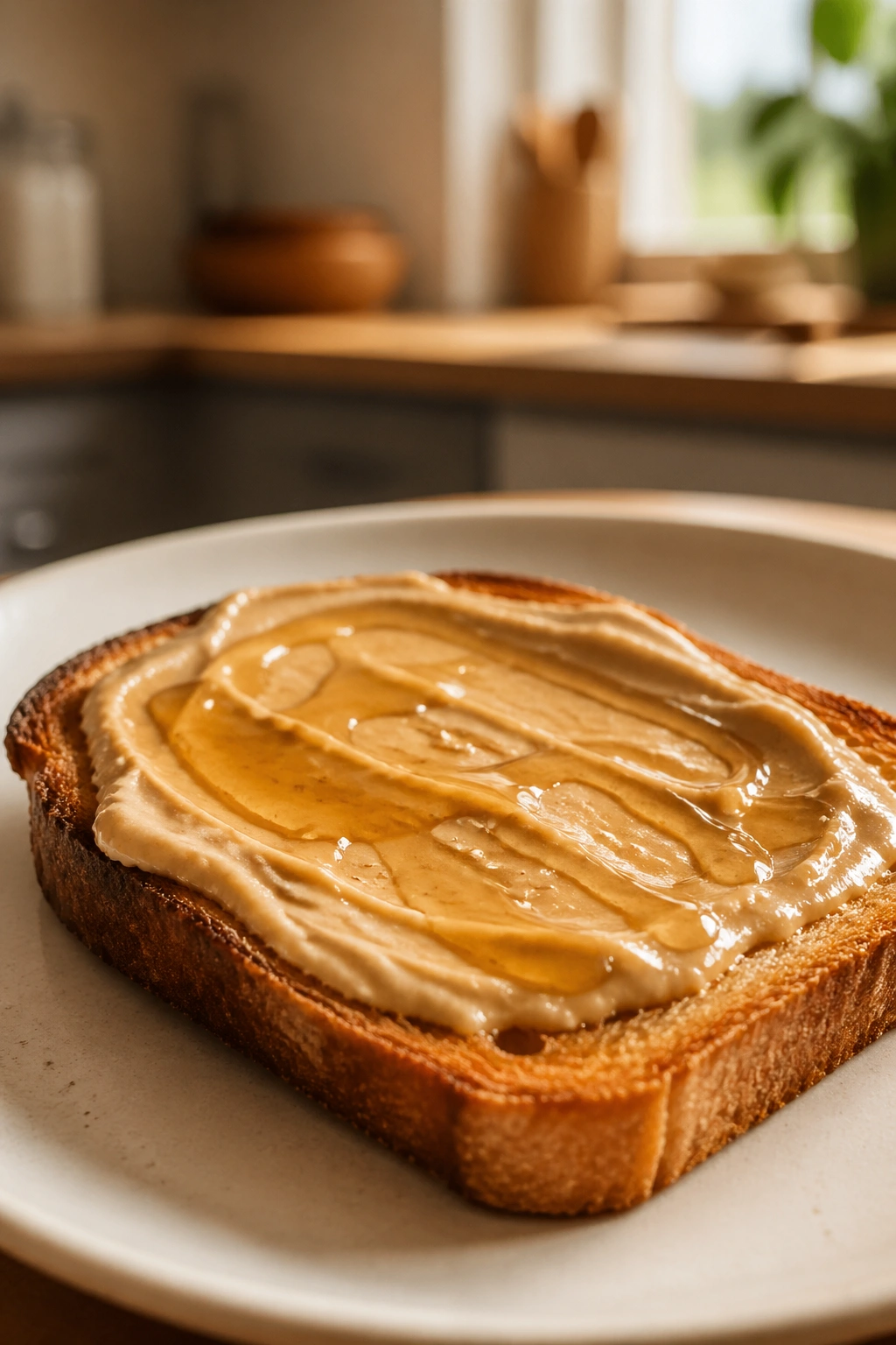 Toast with tahini and honey on a plate in a cozy kitchen