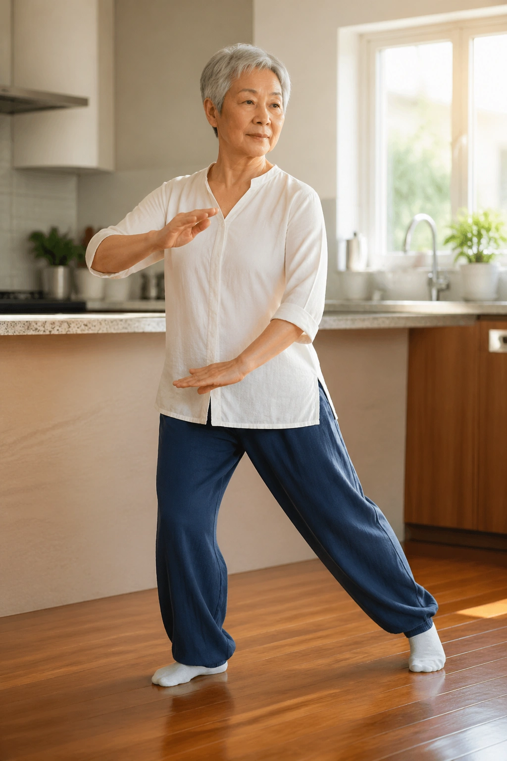 Close-up of a real person performing tai chi weight shifts near a kitchen counter to improve balance