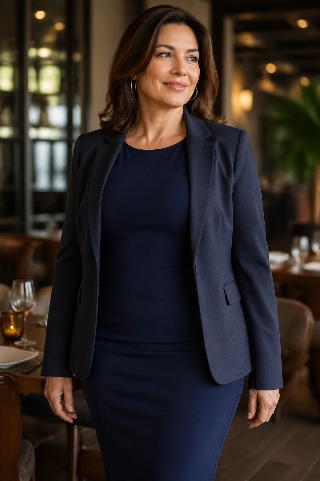 Real woman wearing a tailored blazer over a column dress, blazer open to reveal vertical silhouette.