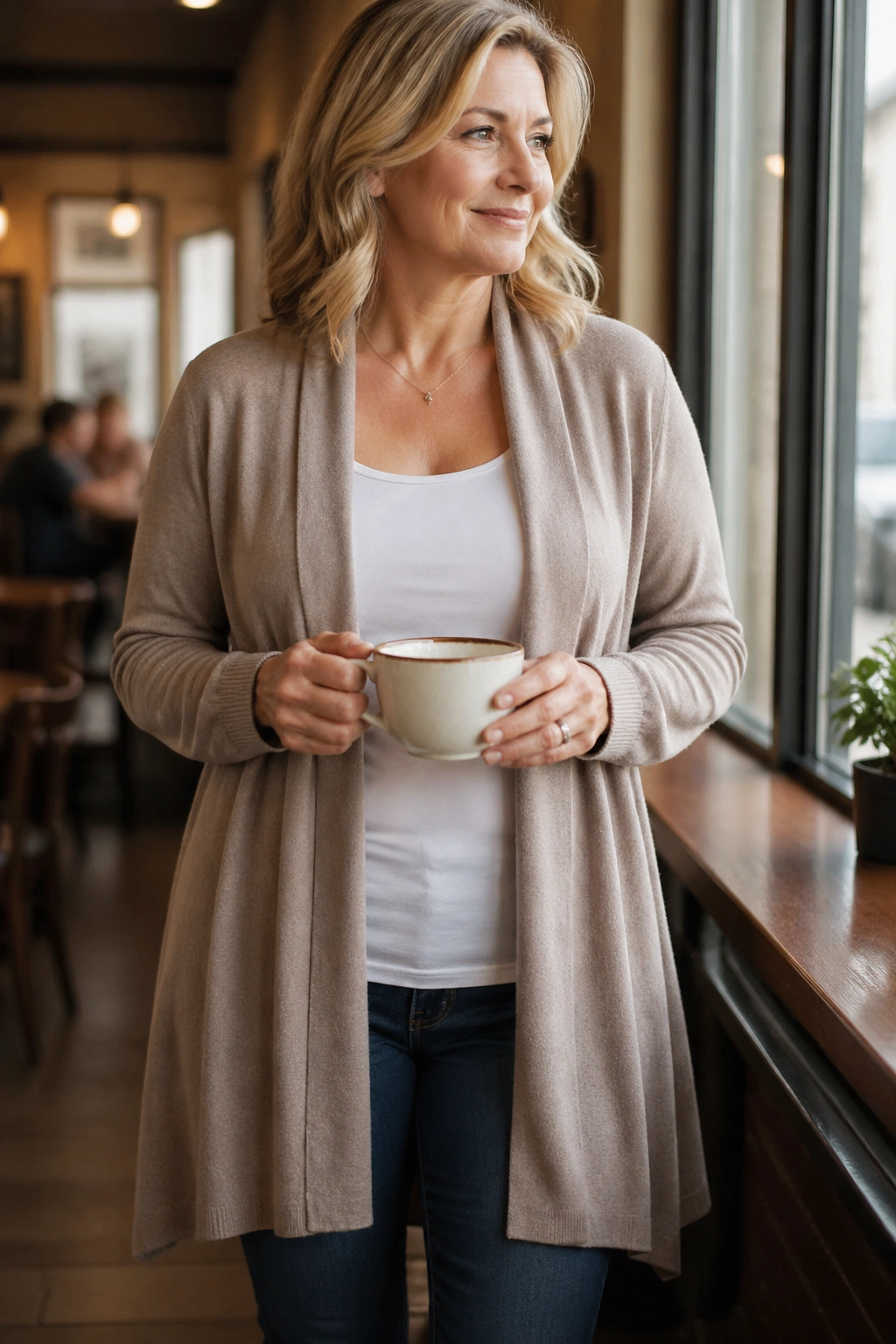 Medium shot of a woman in a tank and open cardigan creating vertical lines along the torso