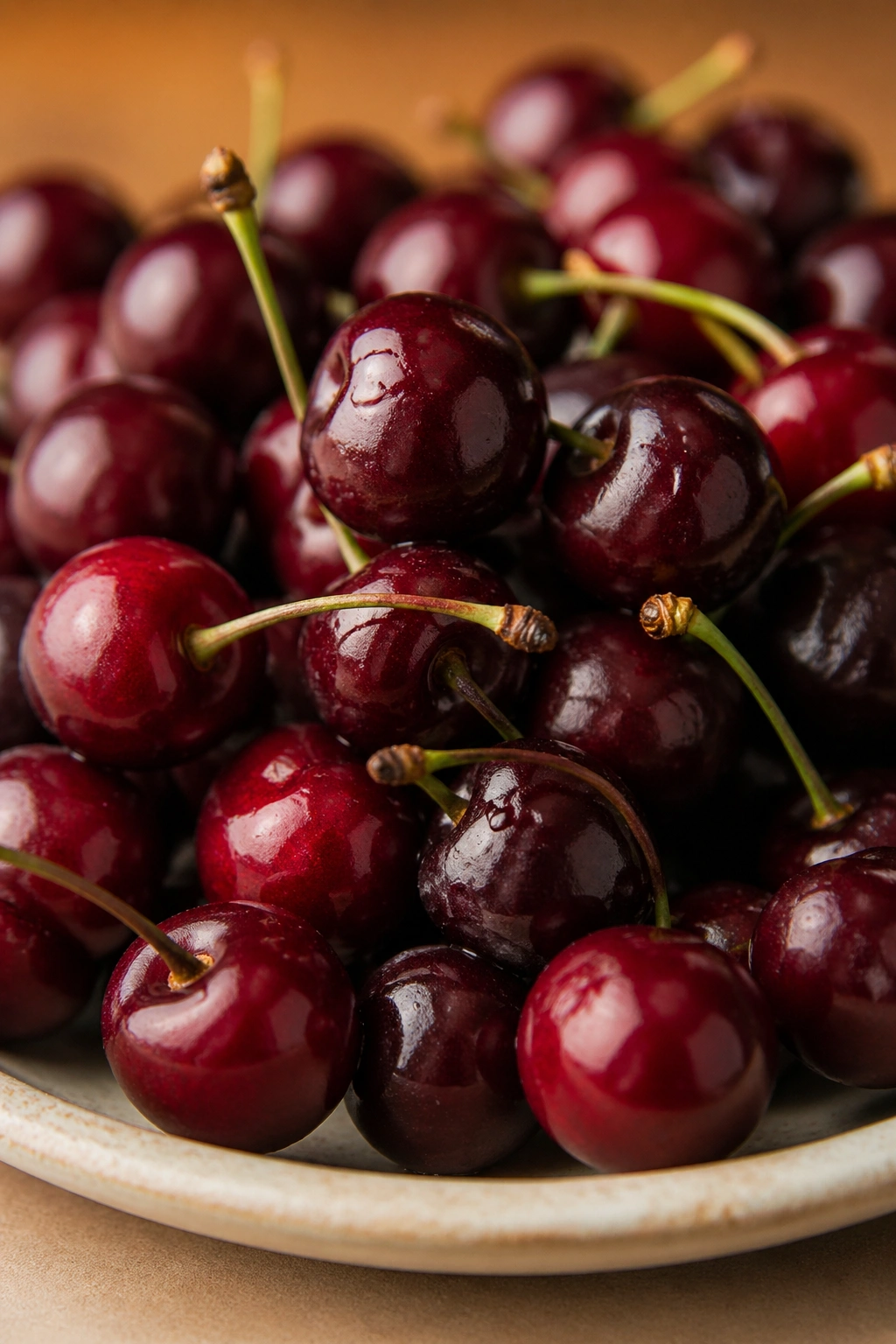 Close-up of glossy tart cherries on a plate under warm light