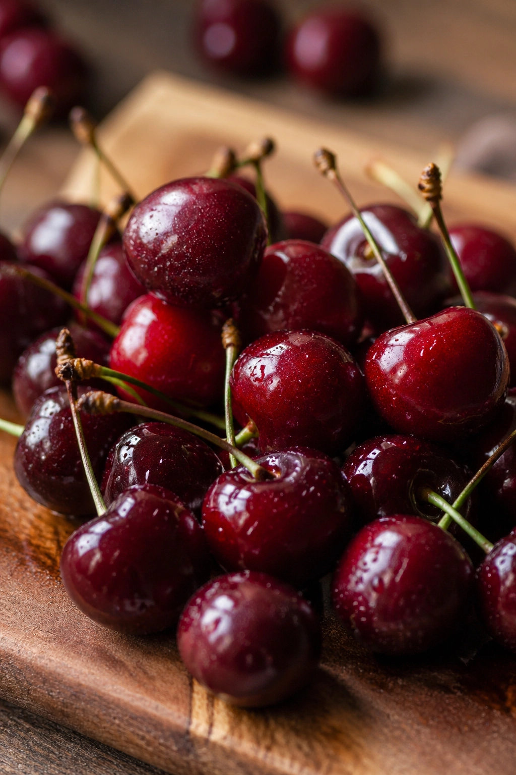 Close-up of tart cherries on a wooden board