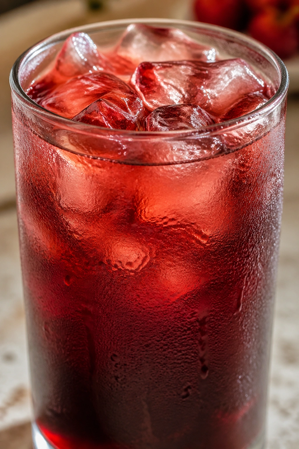 Glass of tart cherry and apple juice lift drink with ice in a kitchen setting