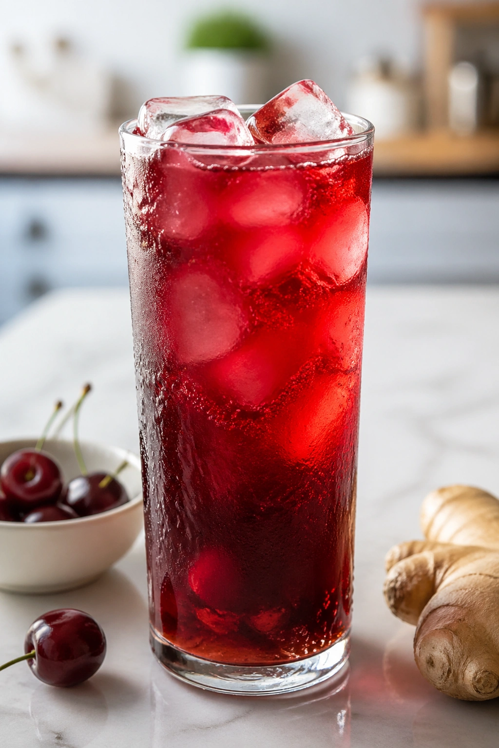 Close-up of tart cherry ginger sparkler in a glass with ice under bright light.