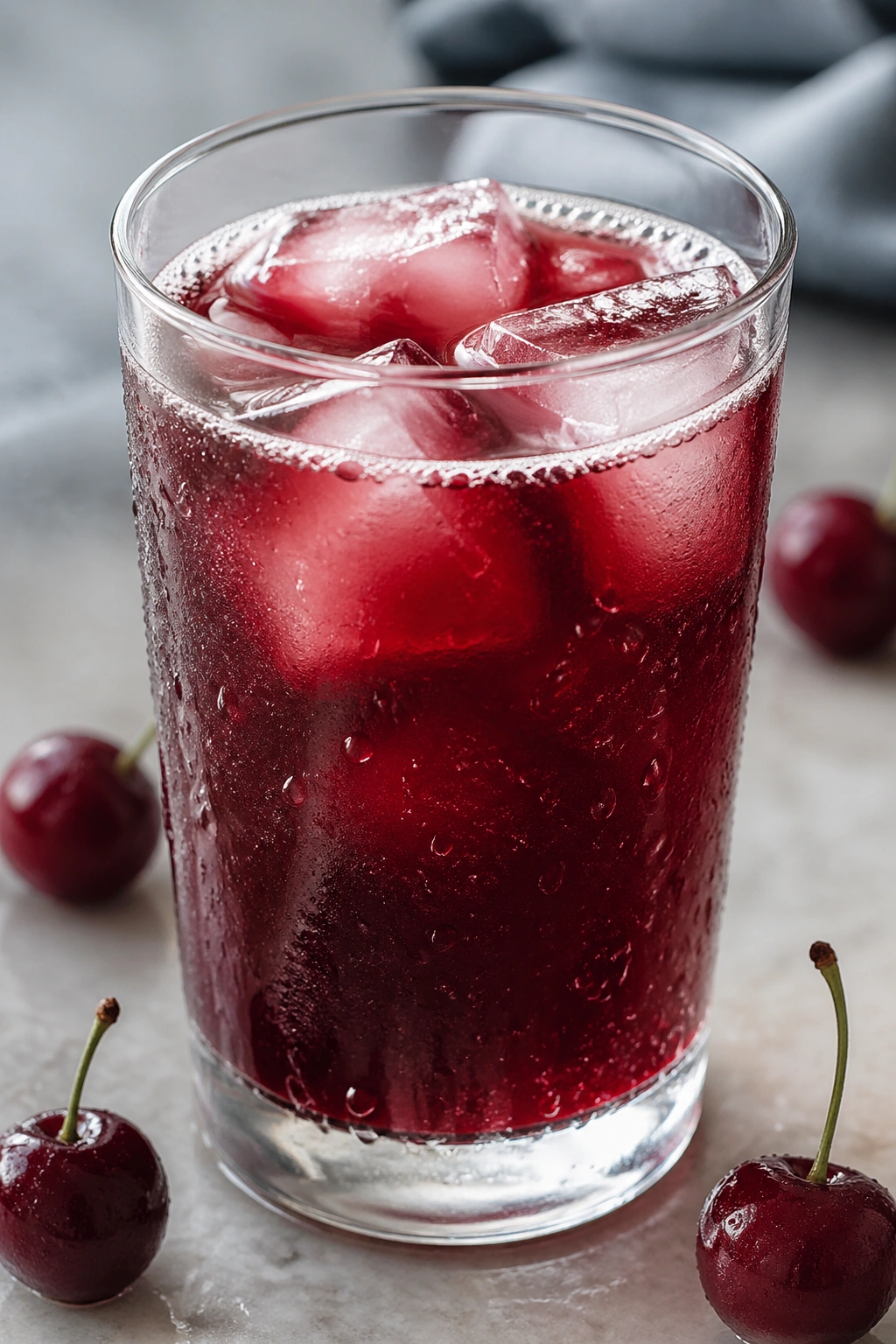 Glass of tart cherry juice with ice on a neutral surface