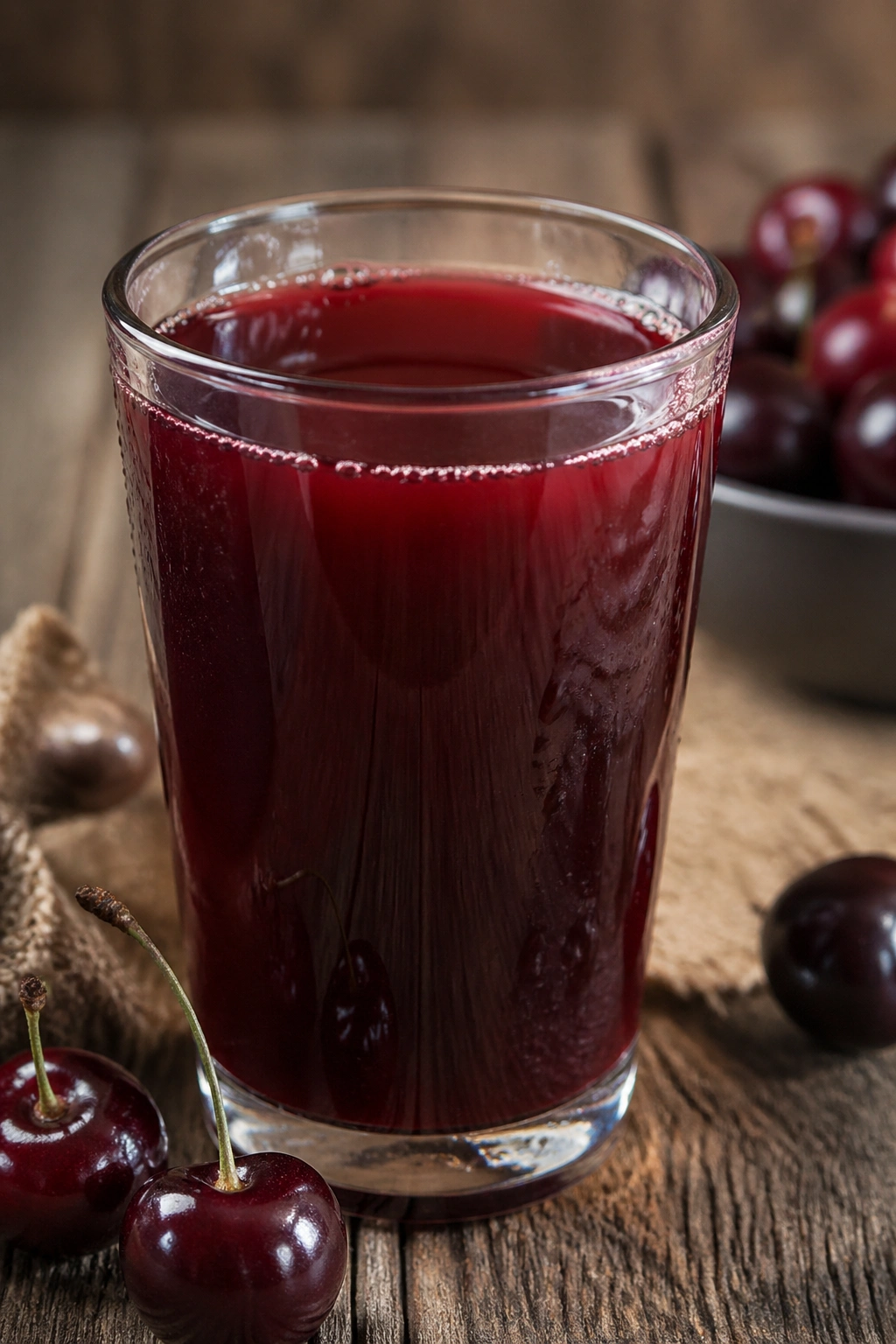 Glass of tart cherry juice on a wooden table with soft natural light