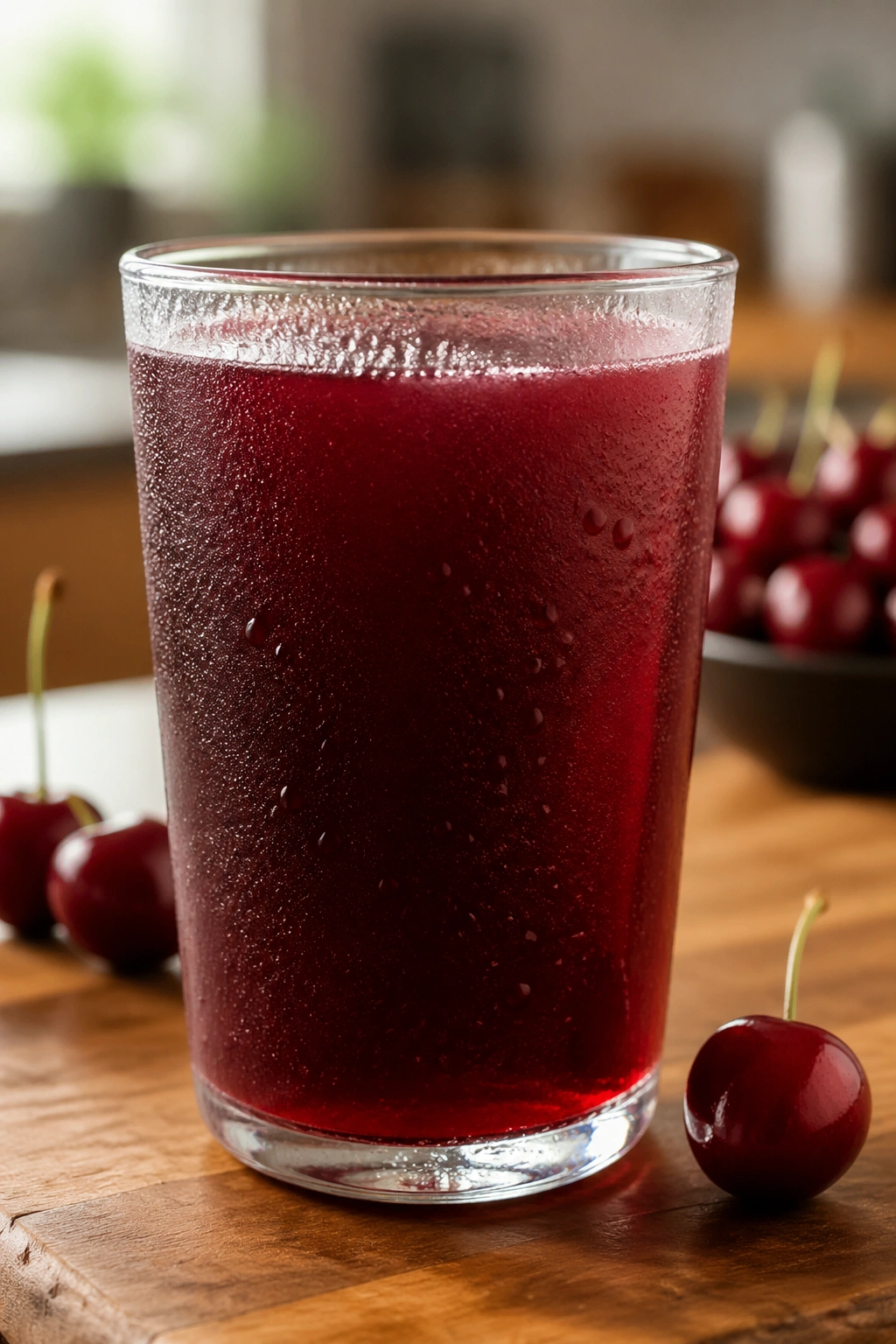 Glass of tart cherry juice with condensation on a wooden counter
