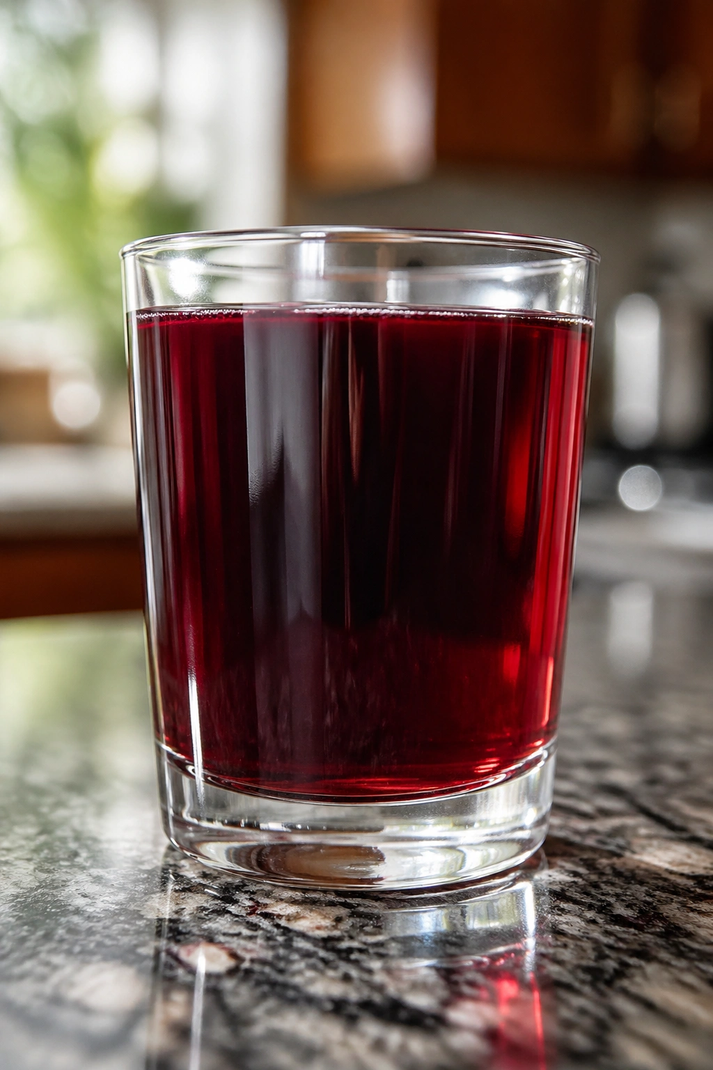 Small glass of tart cherry juice with deep red color on a kitchen counter.