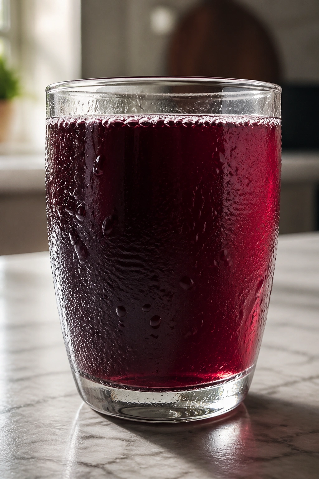 Glass of tart cherry juice on a kitchen counter