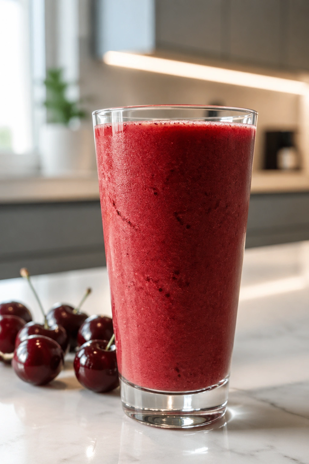 Close-up of Tart Cherry Kefir Smoothie in a glass on a light kitchen counter