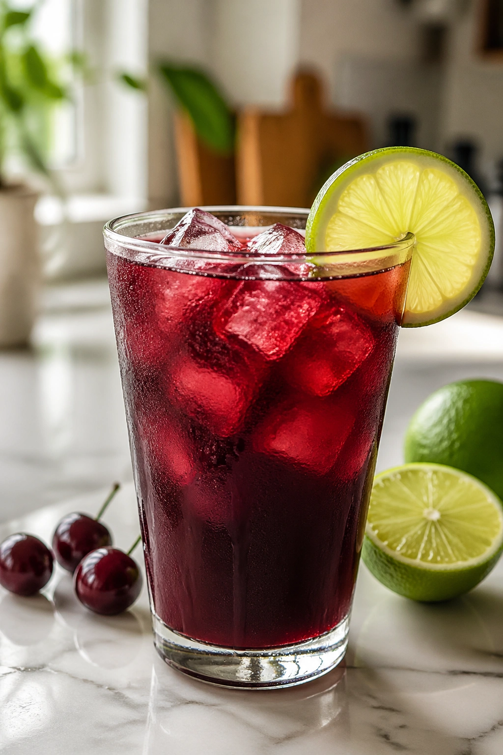 Red Tart Cherry Lime Pump drink with lime wheel on a bright kitchen surface