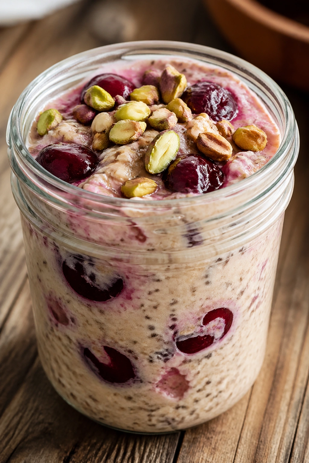 Close-up of Tart Cherry Pistachio Recovery Oats in a glass jar with cherries and pistachios.