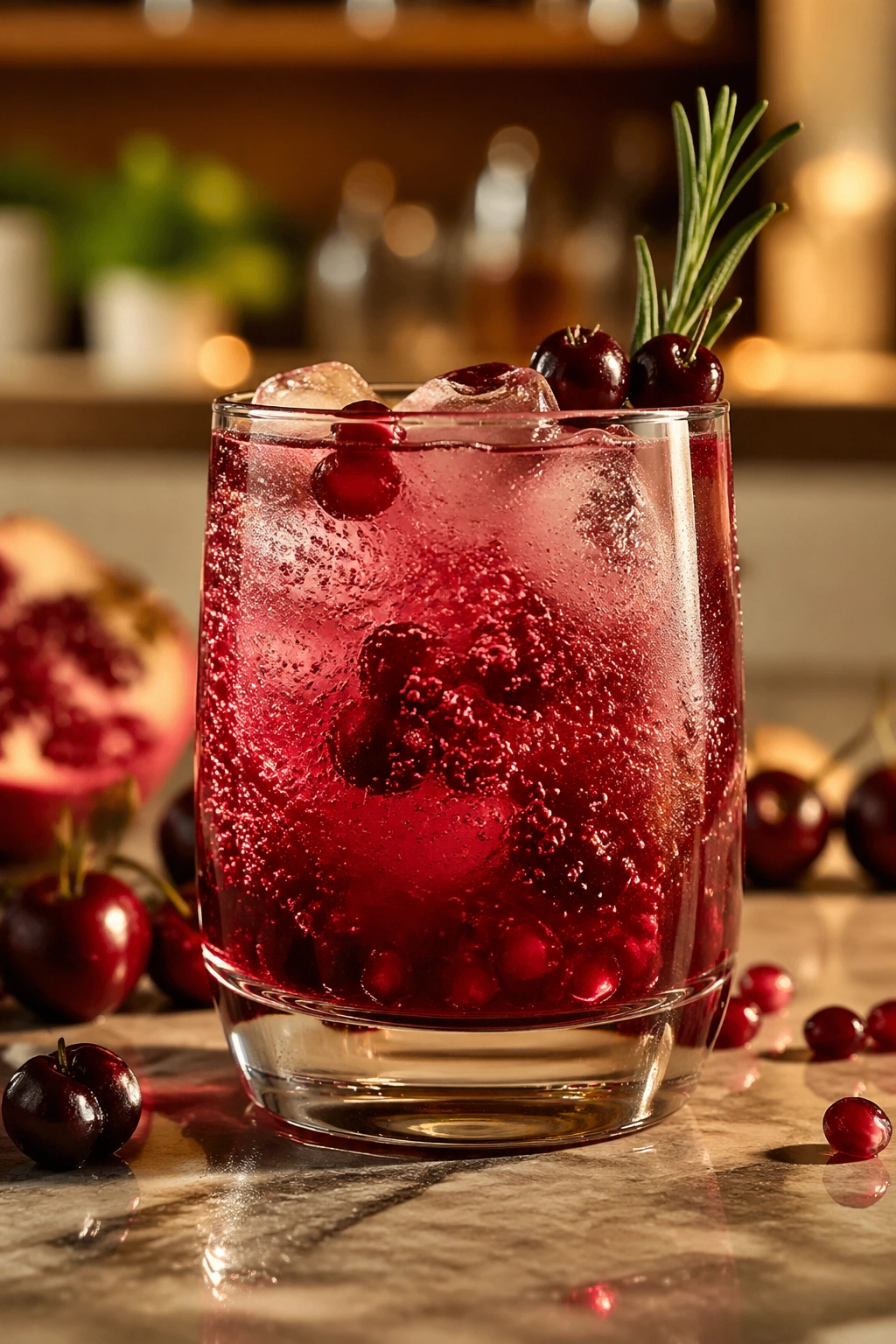 Close-up of Tart Cherry Pomegranate Spritzer in a sparkling glass