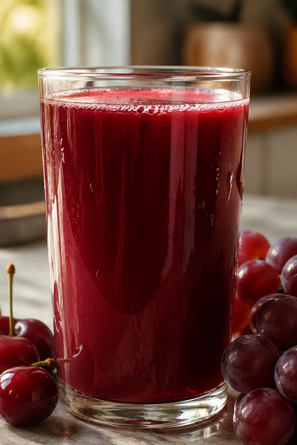 Deep red tart cherry and red grape juice in a glass on a kitchen counter