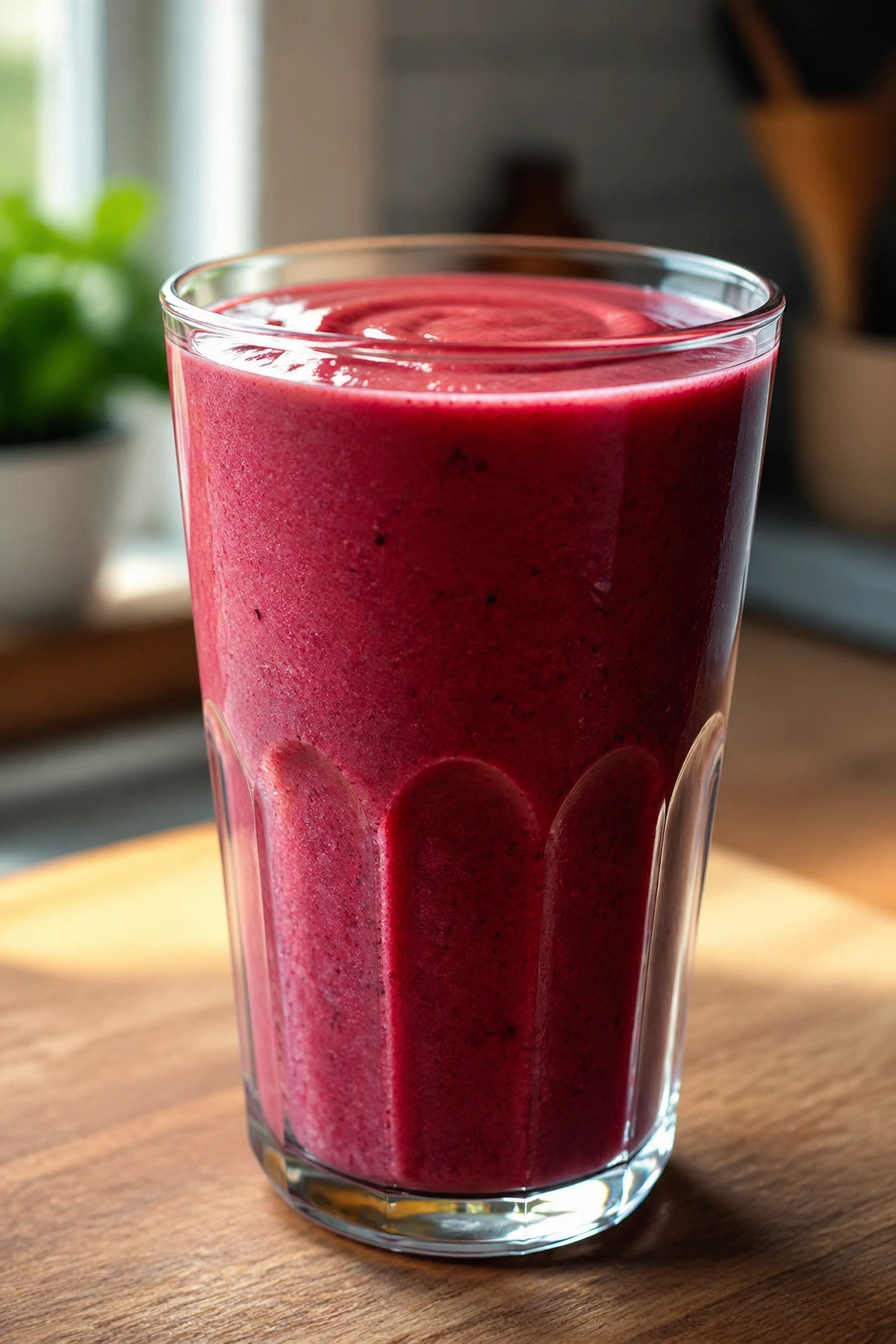 Close-up of Tart Cherry Vanilla Protein Smoothie in glass on a wooden counter.