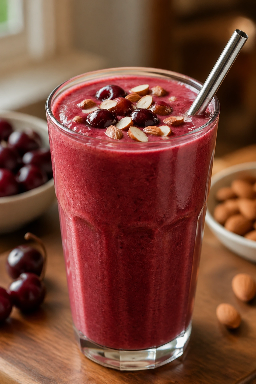 Ruby pink tart cherry almond recovery smoothie in glass