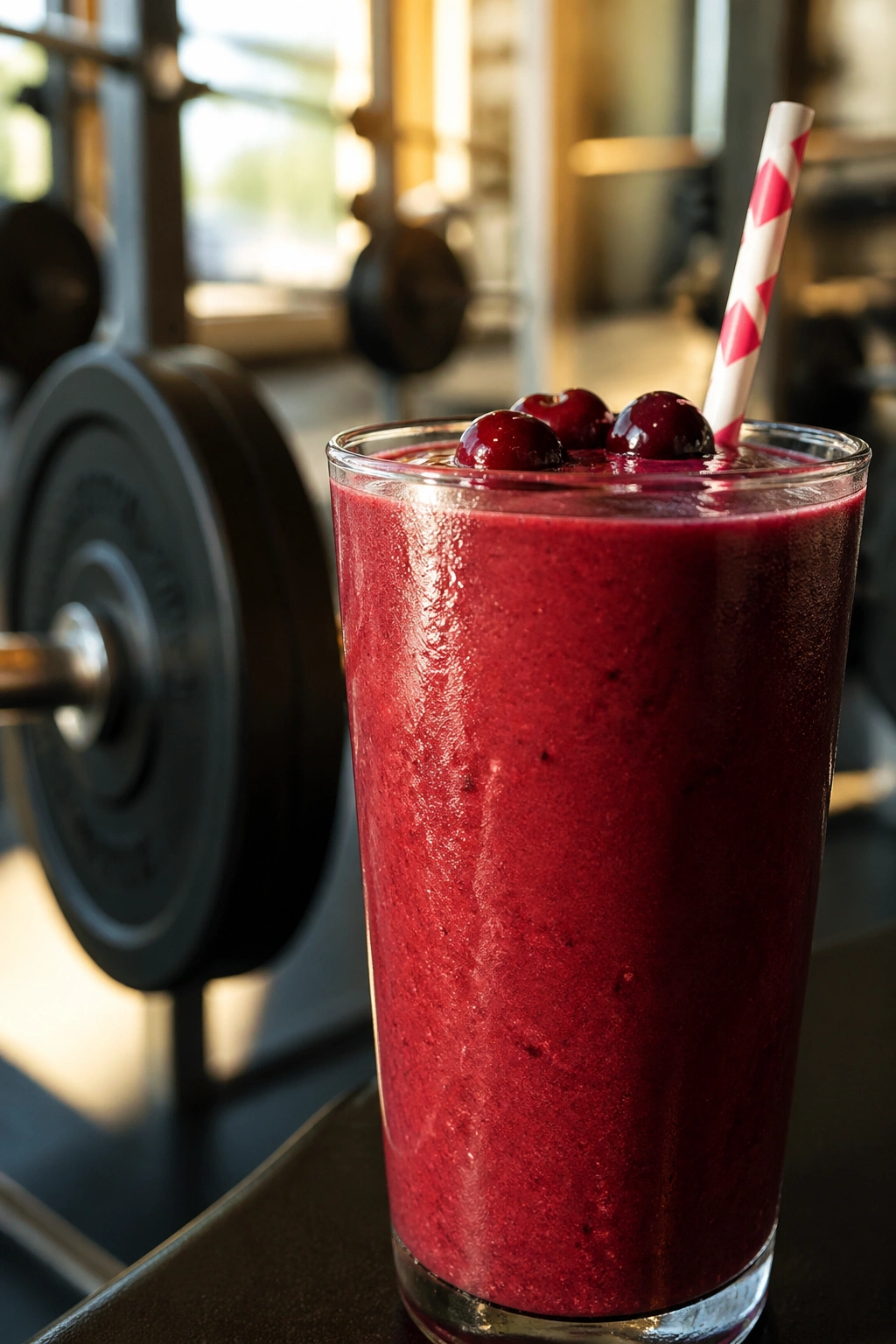 Cherry vanilla pre-squat smoothie in a glass against gym background