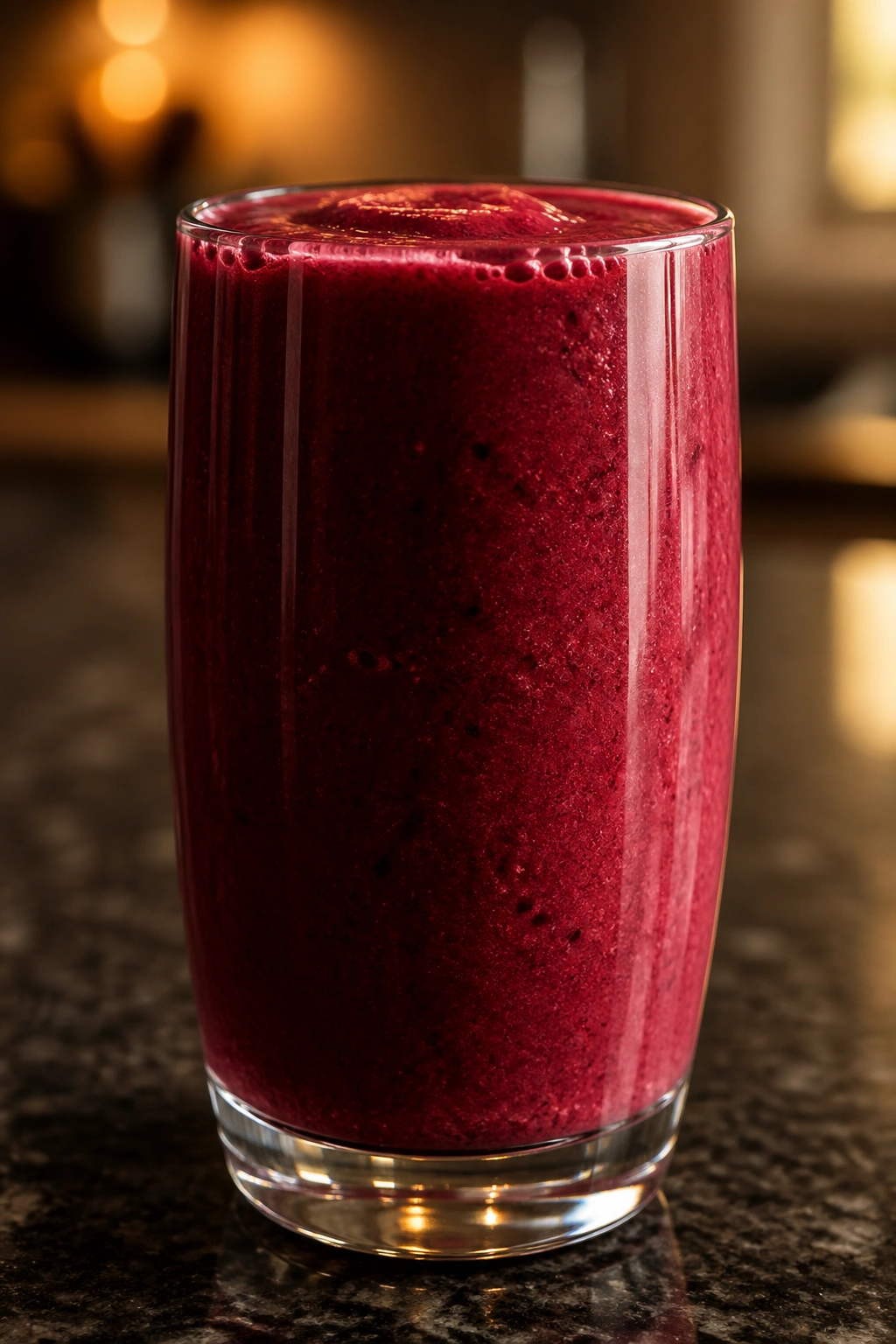 Close-up of Tart Cherry Recovery Elixir smoothie in a glass, ruby red color on a dark counter.