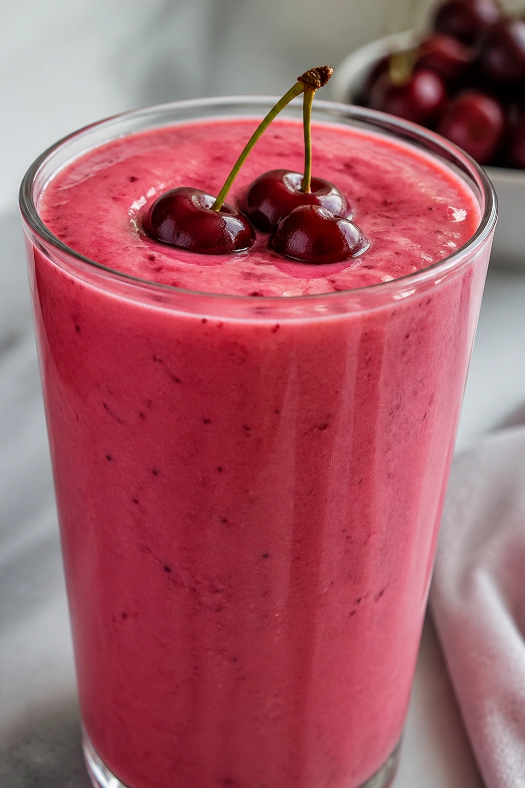 Close-up of tart cherry vanilla smoothie in glass on kitchen counter