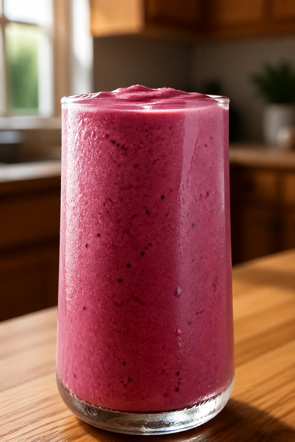 Close-up of deep pink Tart Cherry Greek Yogurt Smoothie in a glass on a wooden kitchen counter