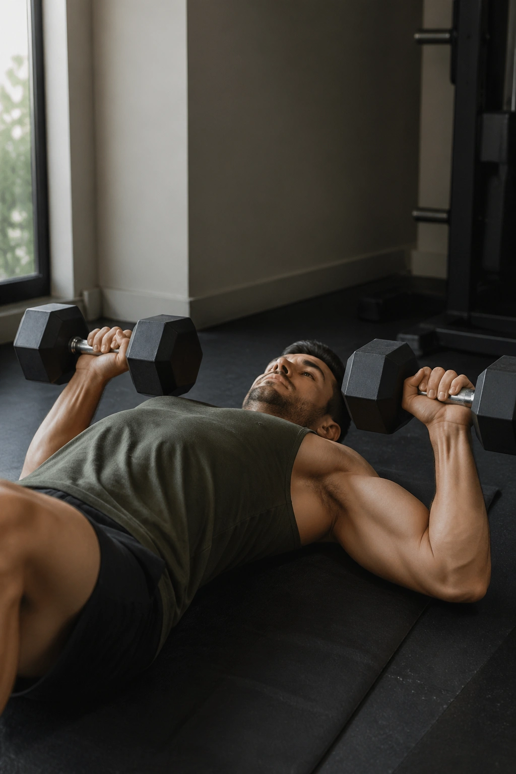 Tate press in progress with elbows flared and dumbbells near upper chest