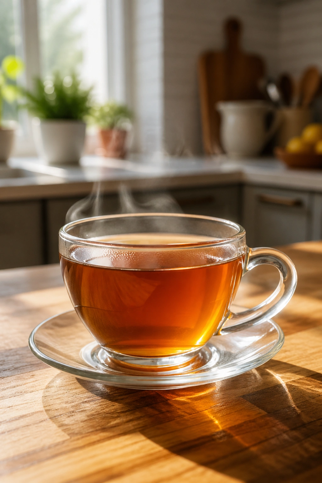 Plain tea cup with steam on a sunlit kitchen counter
