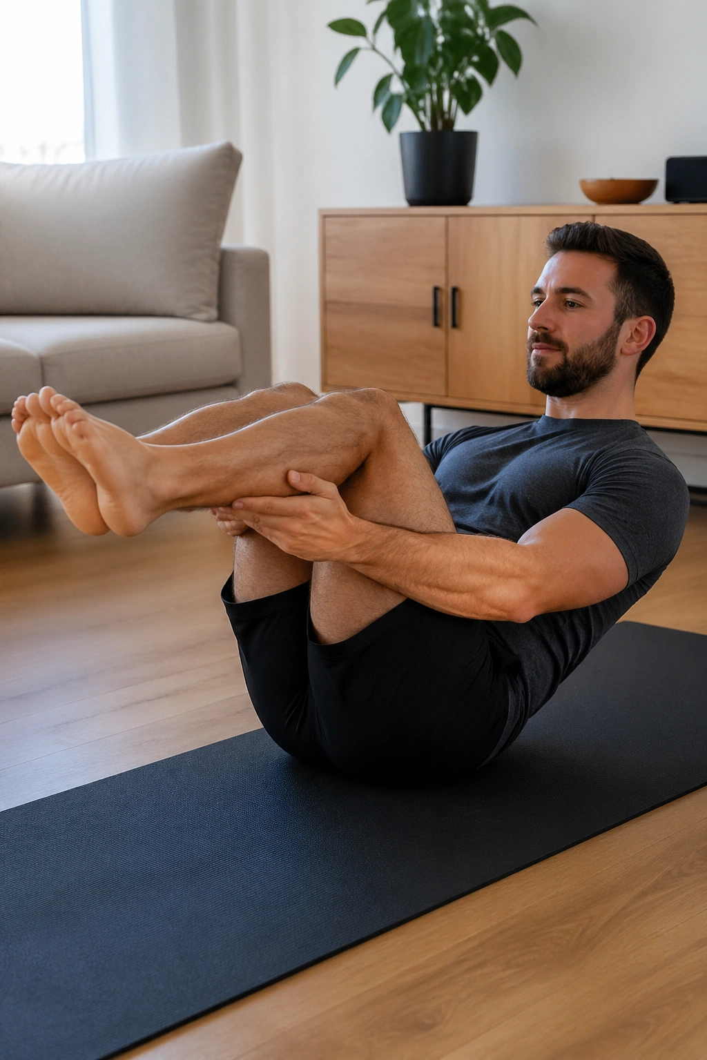 Person on a mat performing teaser prep with bent knees and hollow hold posture