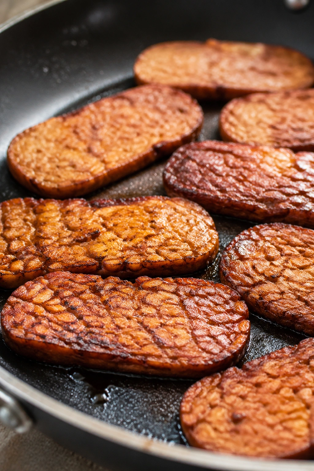 Close-up of marinated tempeh slices seared to crisp edges in a kitchen skillet