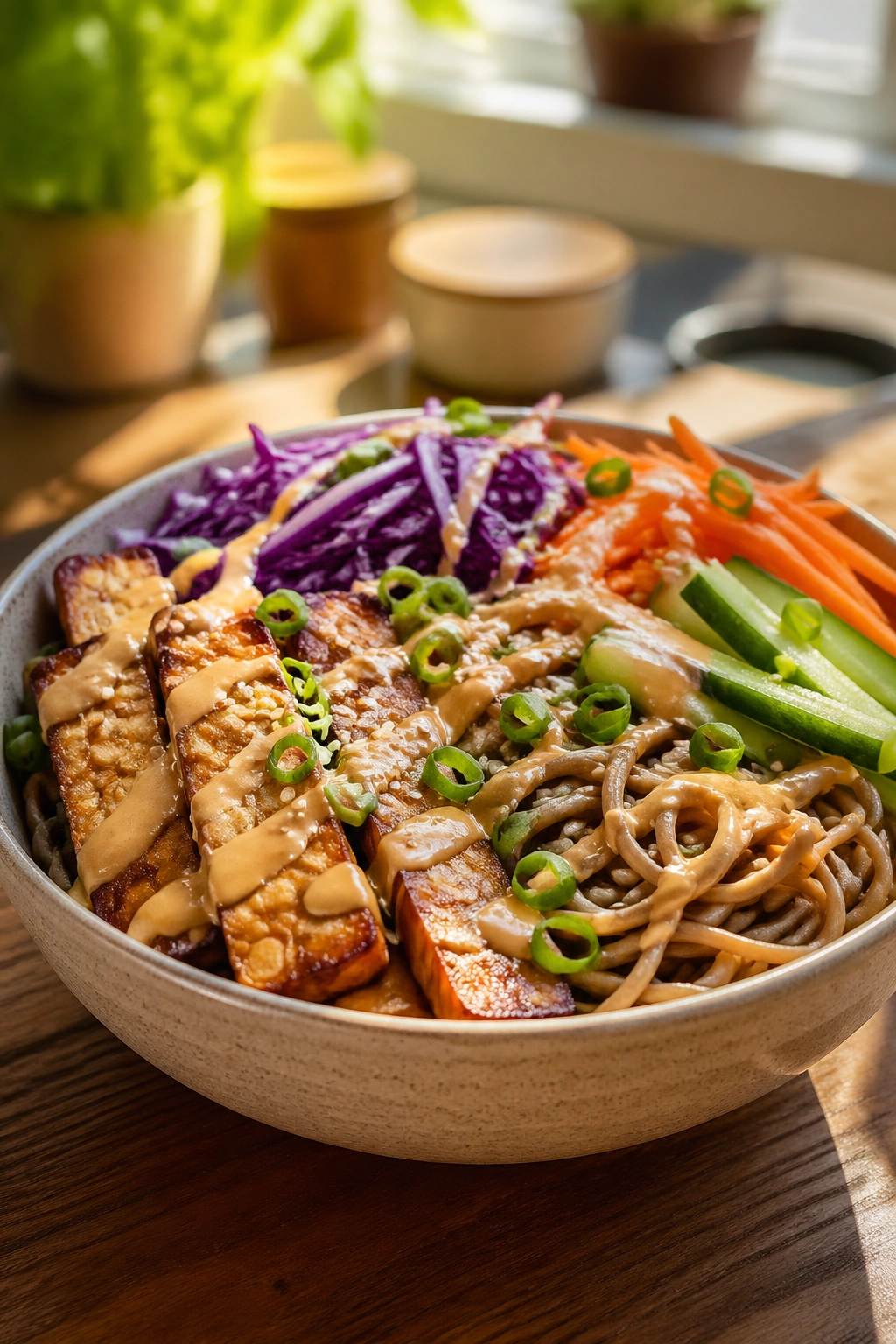 Tempeh noodle salad with crunchy vegetables