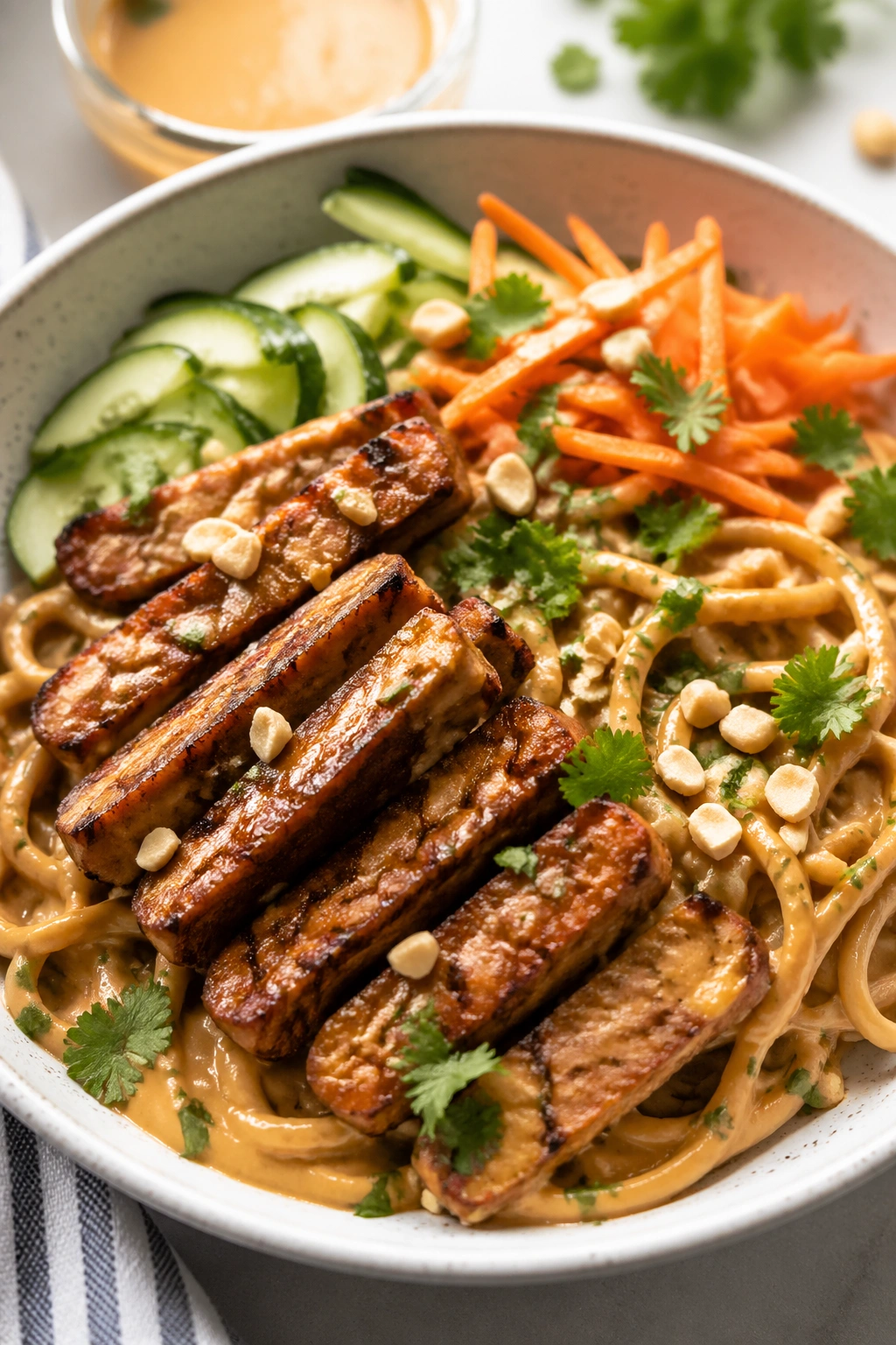 Close-up of tempeh peanut noodles with vegetables in peanut sauce