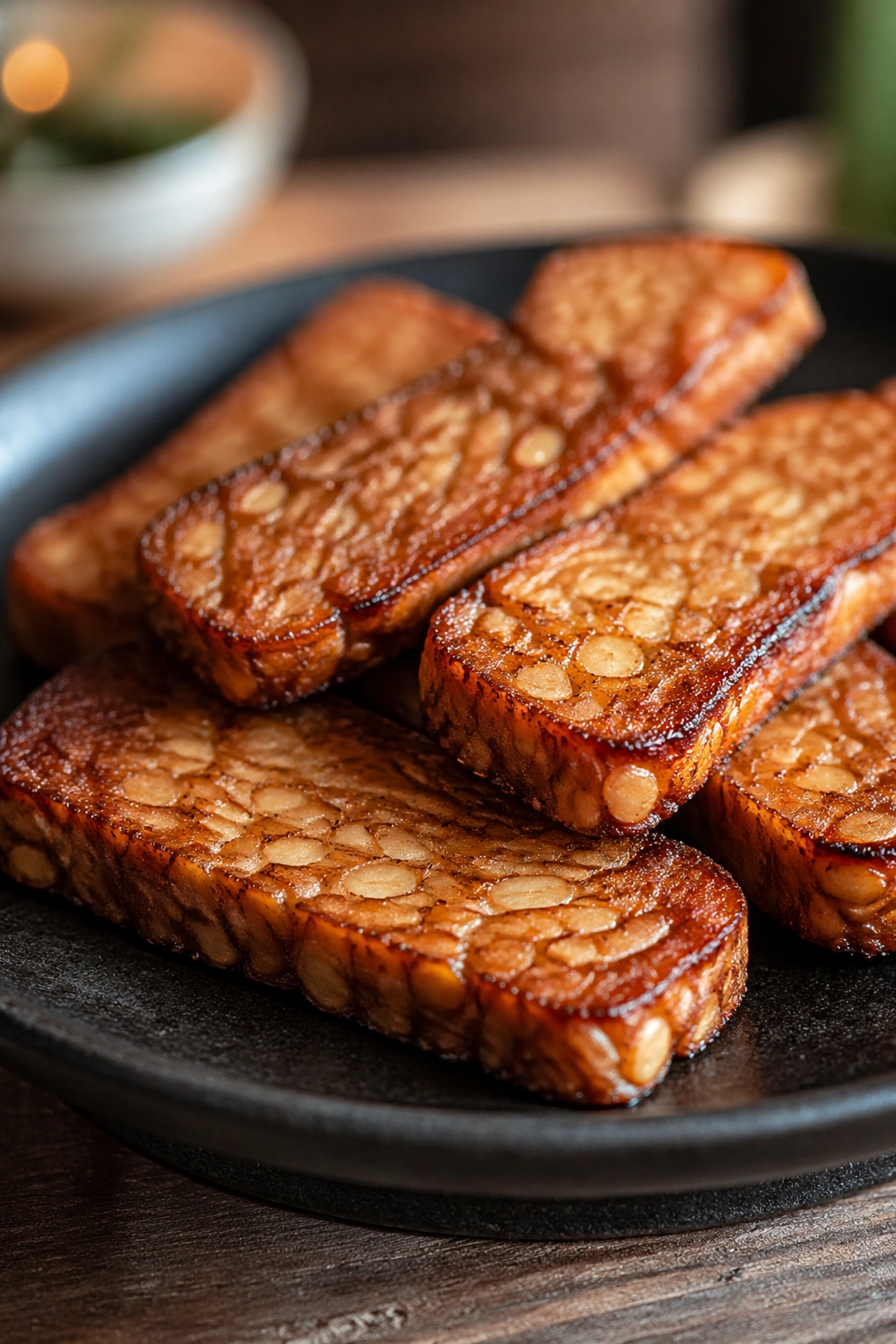 Close-up of seared tempeh slices on a plate in a kitchen