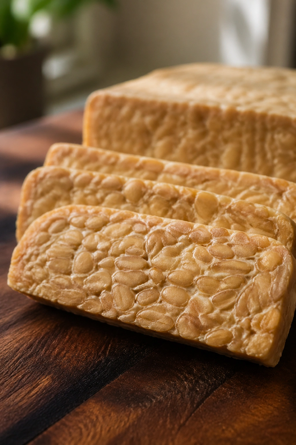 Close-up of tempeh slices on a wooden board in warm kitchen light
