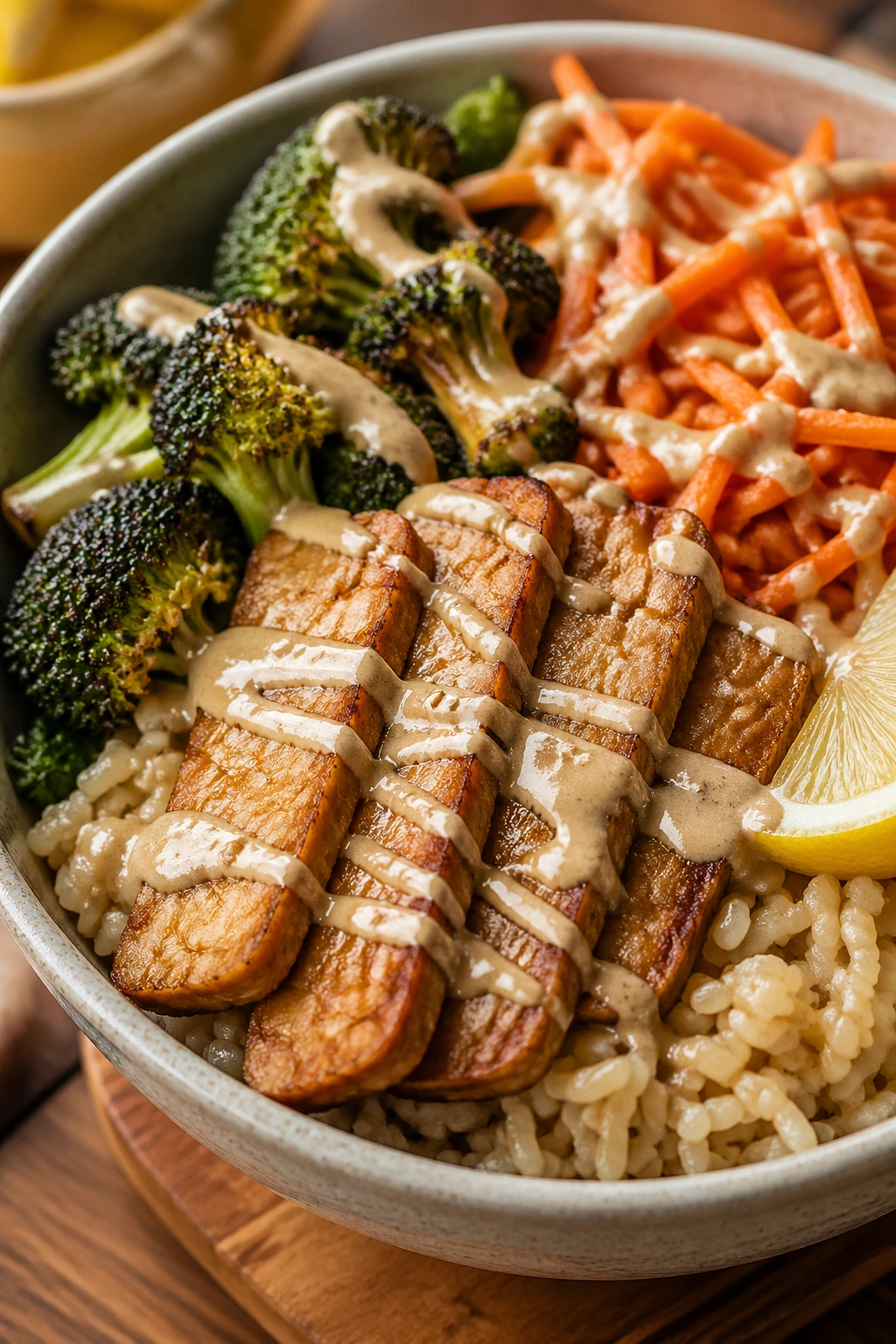 Close-up of tempeh rice bowl with broccoli and tahini drizzle
