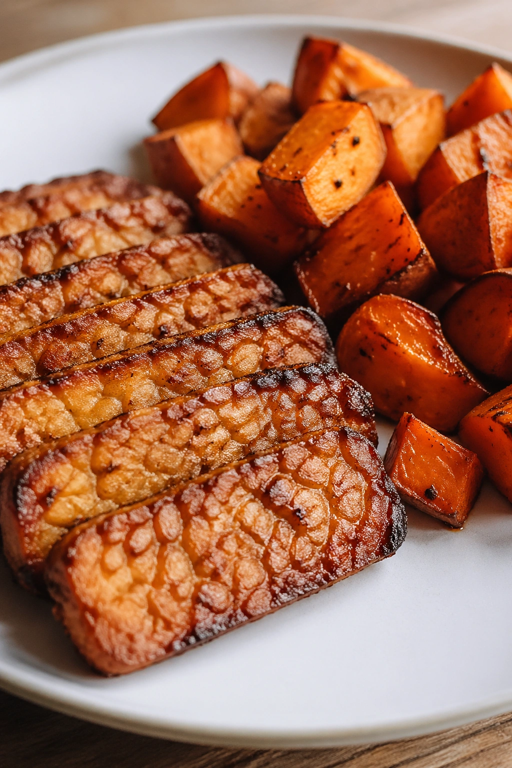 Close-up tempeh and roasted sweet potato on a plate